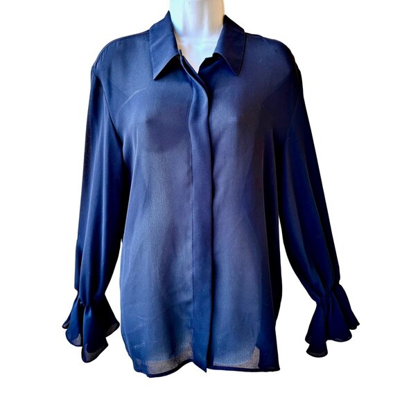 ANNE KLEIN A LINE Vtg USA Blouse Shirt Navy Blue Button Up RUFFLES Womens Medium - Picture 12 of 16